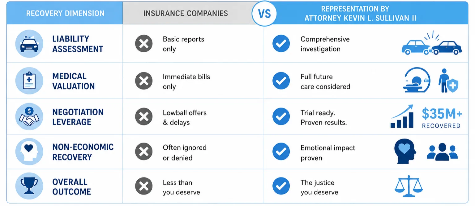 Comparison chart showing how personal injury attorney representation can improve liability assessment, medical valuation, settlement negotiations, non-economic damages, and overall compensation versus insurance company evaluations.