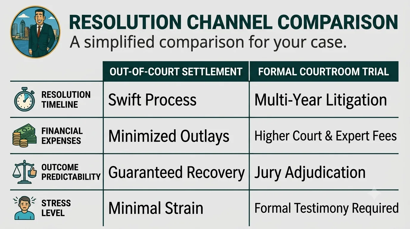 Infographic comparing out-of-court settlement and formal courtroom trial, highlighting differences in resolution timeline, financial expenses, outcome predictability, and stress level for legal cases.