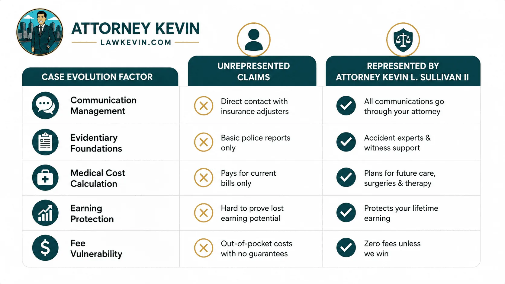 Infographic comparing unrepresented insurance claims with legal representation by Attorney Kevin L. Sullivan II, highlighting differences in communication, evidence collection, medical cost planning, earning protection, and contingency fees.