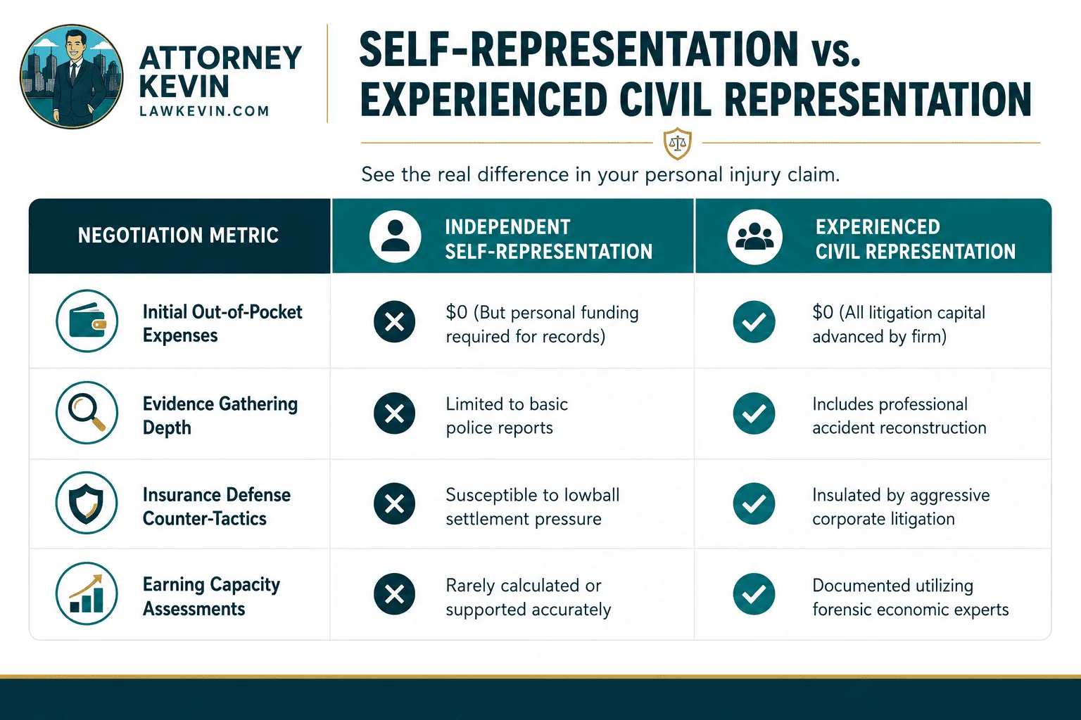 Infographic comparing self-representation and experienced civil representation in a personal injury claim, highlighting differences in legal costs, evidence gathering, insurance negotiation, and earning capacity assessments.