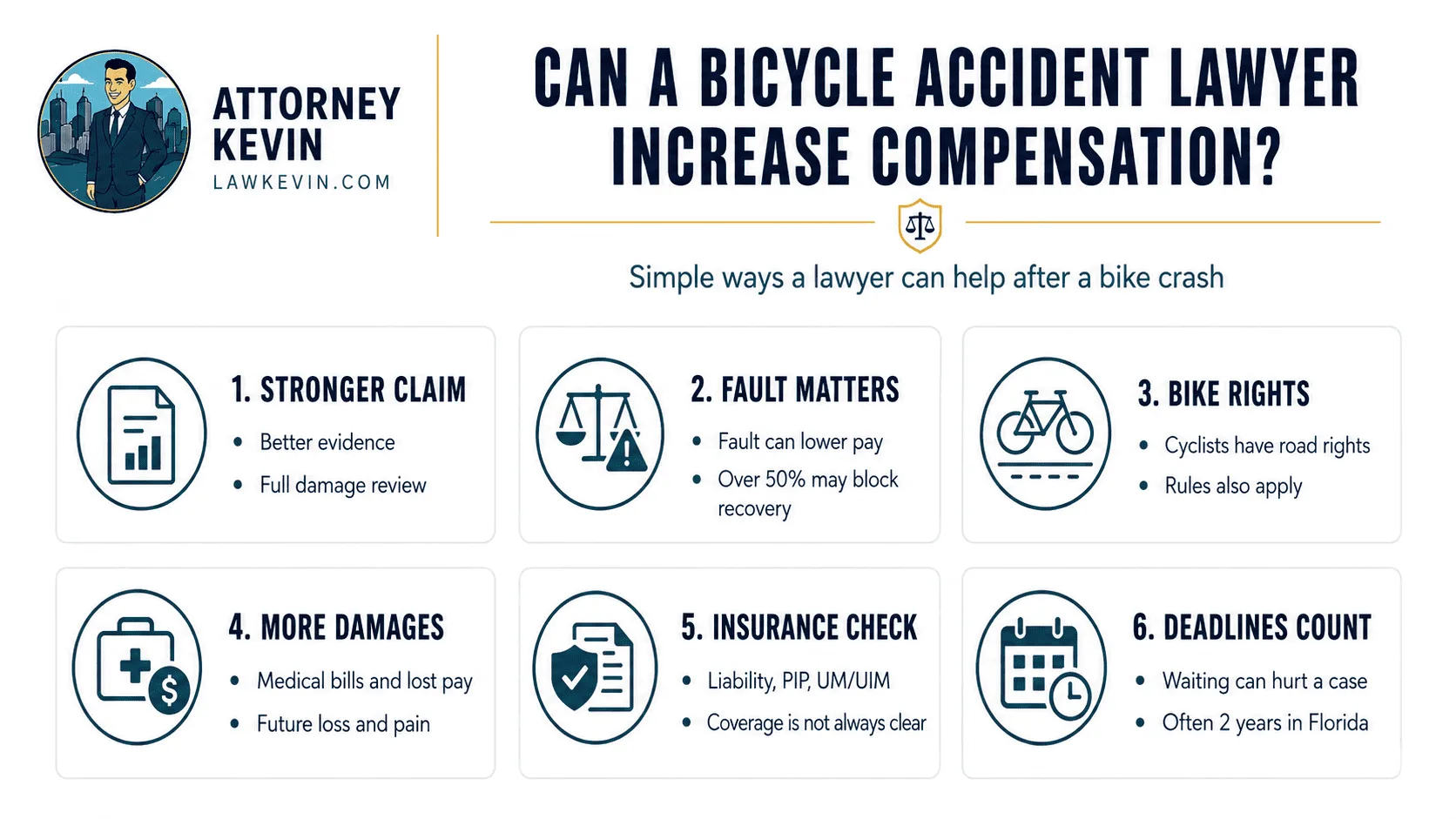 Infographic explaining how a bicycle accident lawyer may increase compensation through evidence, fault review, damages, and insurance claims.
