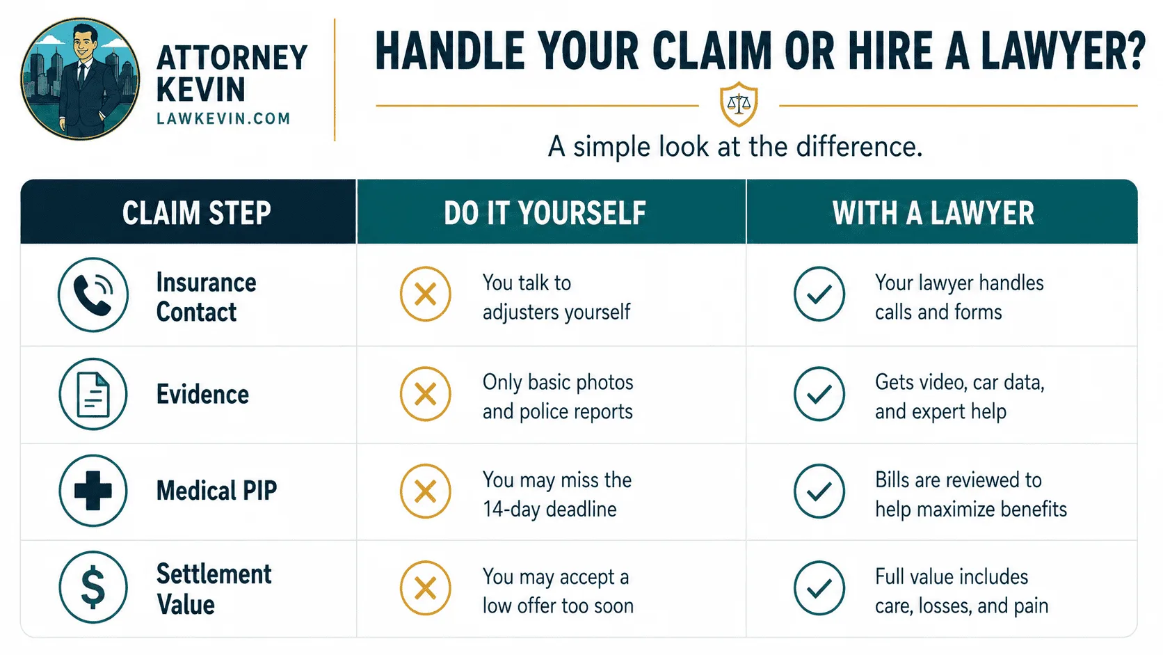Infographic comparing handling a personal injury claim yourself versus hiring a lawyer, covering insurance contact, evidence, medical PIP deadlines, and settlement value.