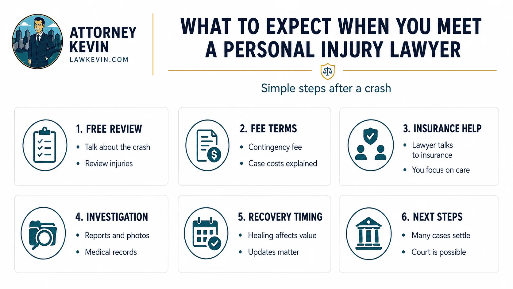 Attorney Kevin infographic explaining what to expect when meeting a personal injury lawyer after a crash, including a free case review, contingency fee terms, insurance assistance, investigation, recovery timing, and possible settlement or court proceedings.