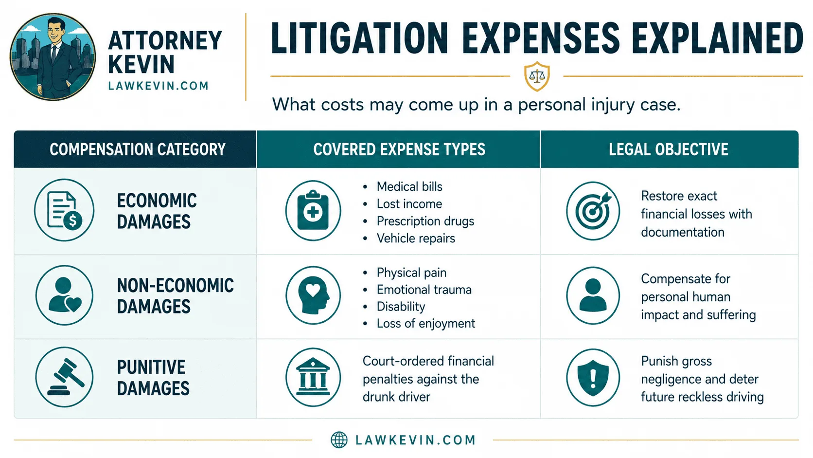 Infographic explaining personal injury litigation expenses and damages, including economic, non-economic, and punitive damages with examples and legal objectives.