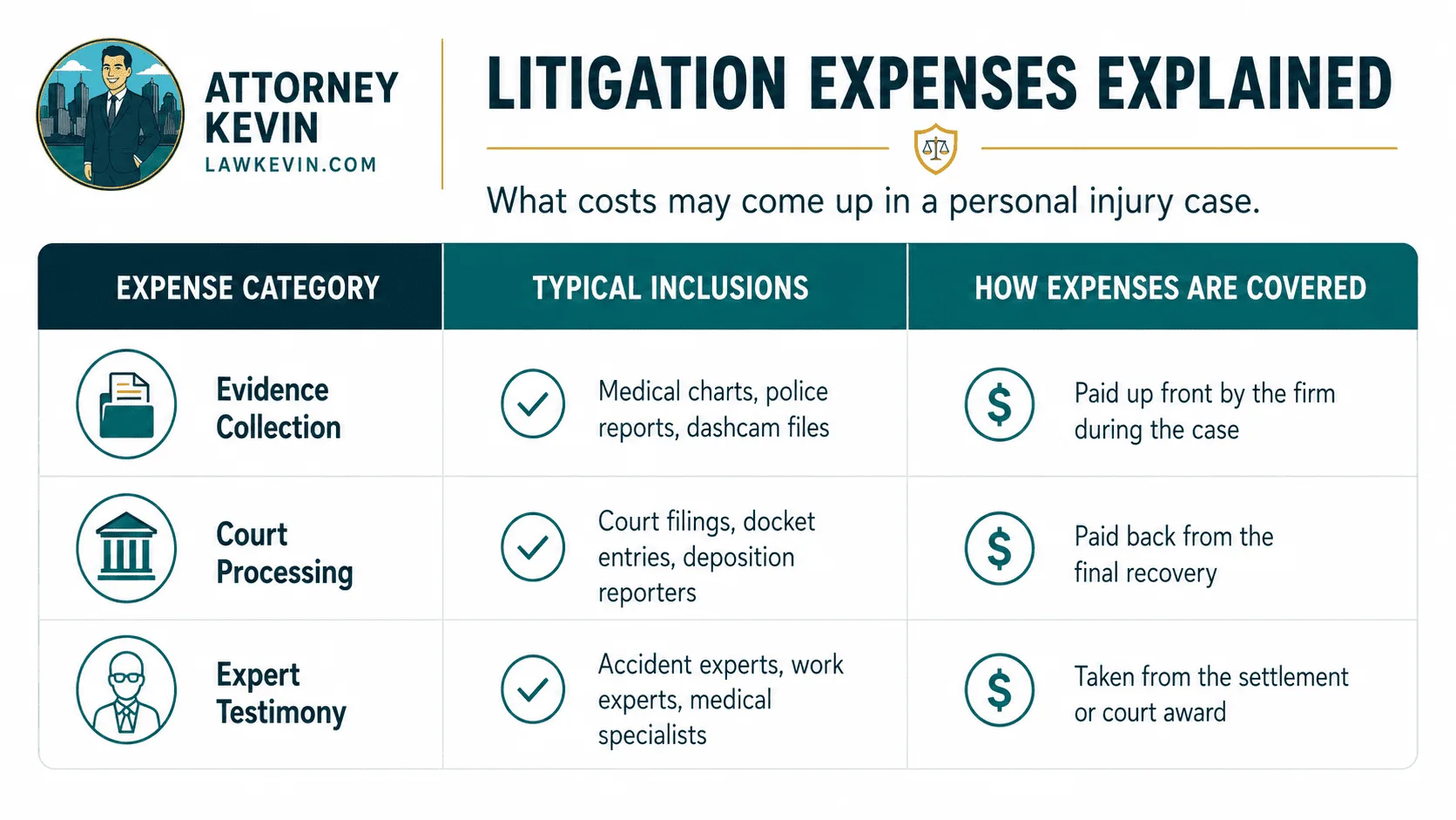 Infographic explaining personal injury litigation expenses, including evidence collection, court processing, expert testimony, and how case costs may be covered.