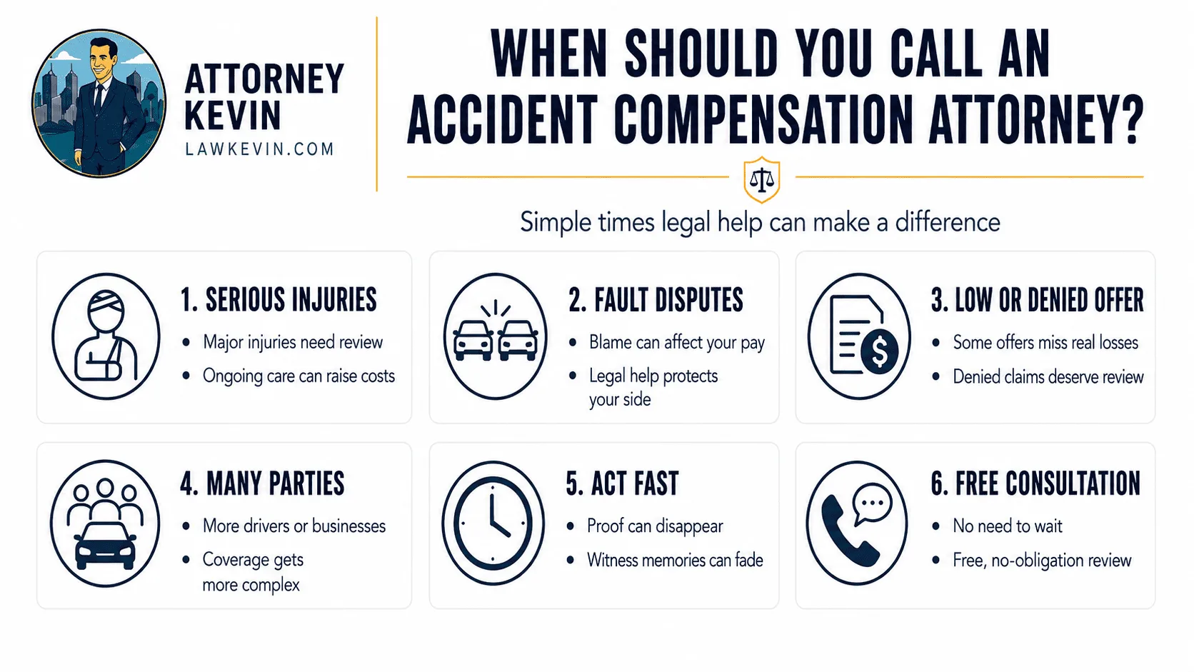 Attorney Kevin infographic showing six signs to call an accident compensation attorney, including serious injuries, fault disputes, denied offers, and complex claims.