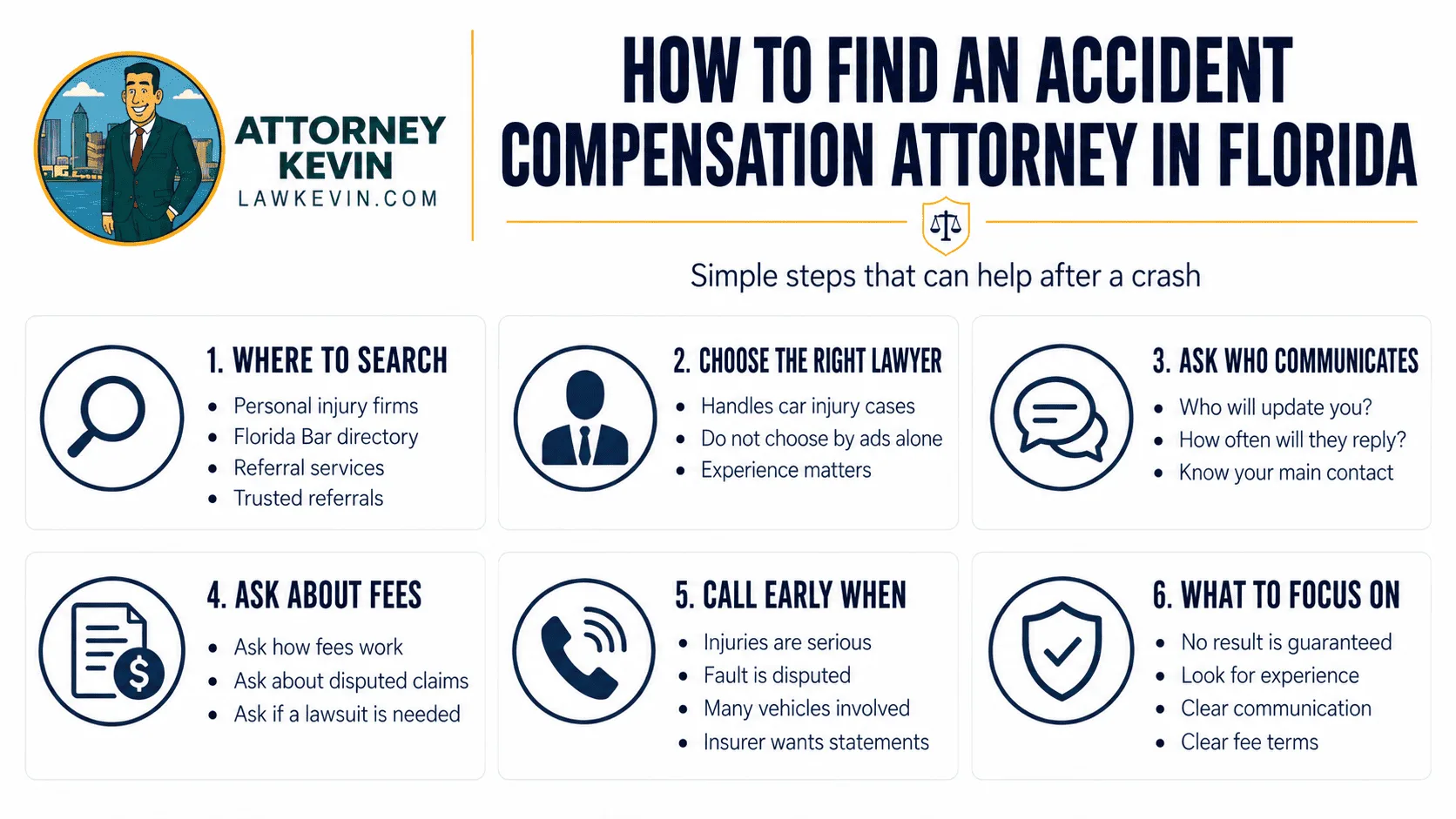 Infographic explaining how to find an accident compensation attorney in Florida, including where to search, lawyer experience, communication, fees, and when to call.