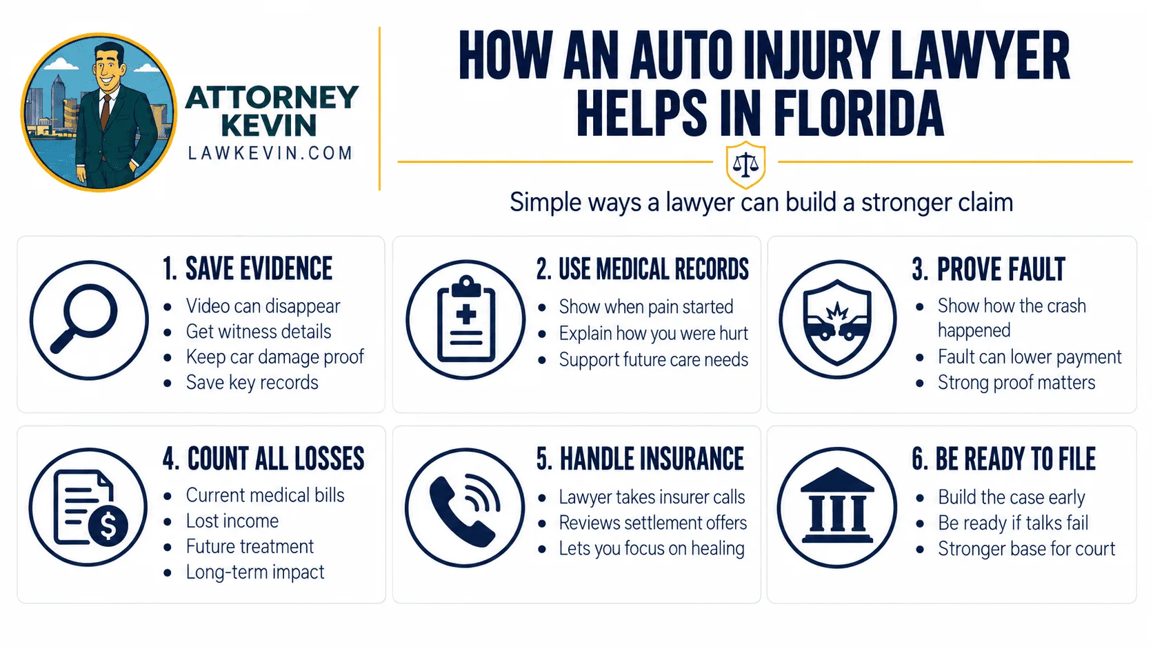 Infographic explaining how an auto injury lawyer in Florida can help by preserving evidence, using medical records, proving fault, documenting losses, handling insurance, and preparing for court.