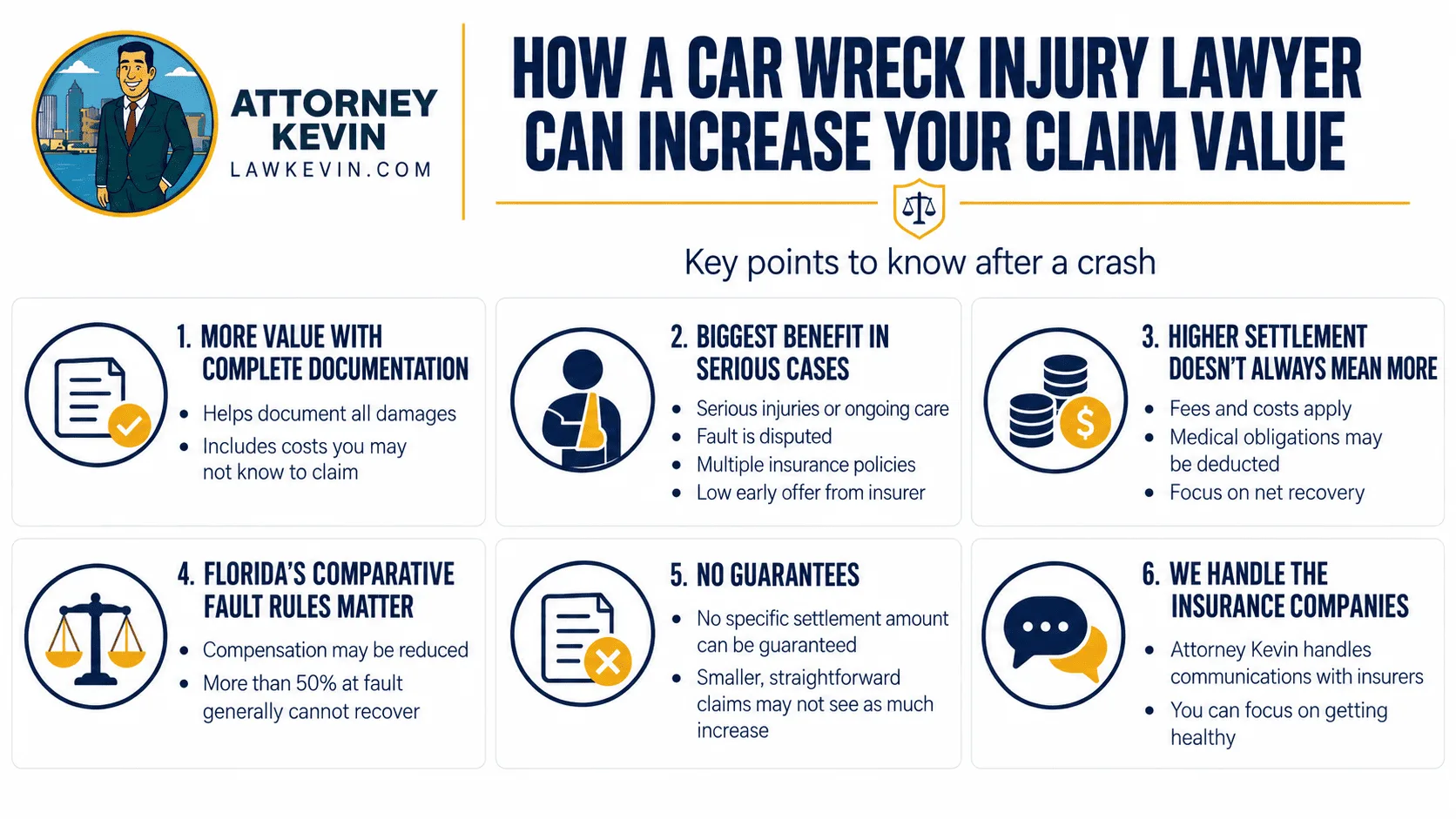 Infographic explaining how a car wreck injury lawyer may increase claim value through documentation, serious injury claims, comparative fault rules, and insurer negotiations.