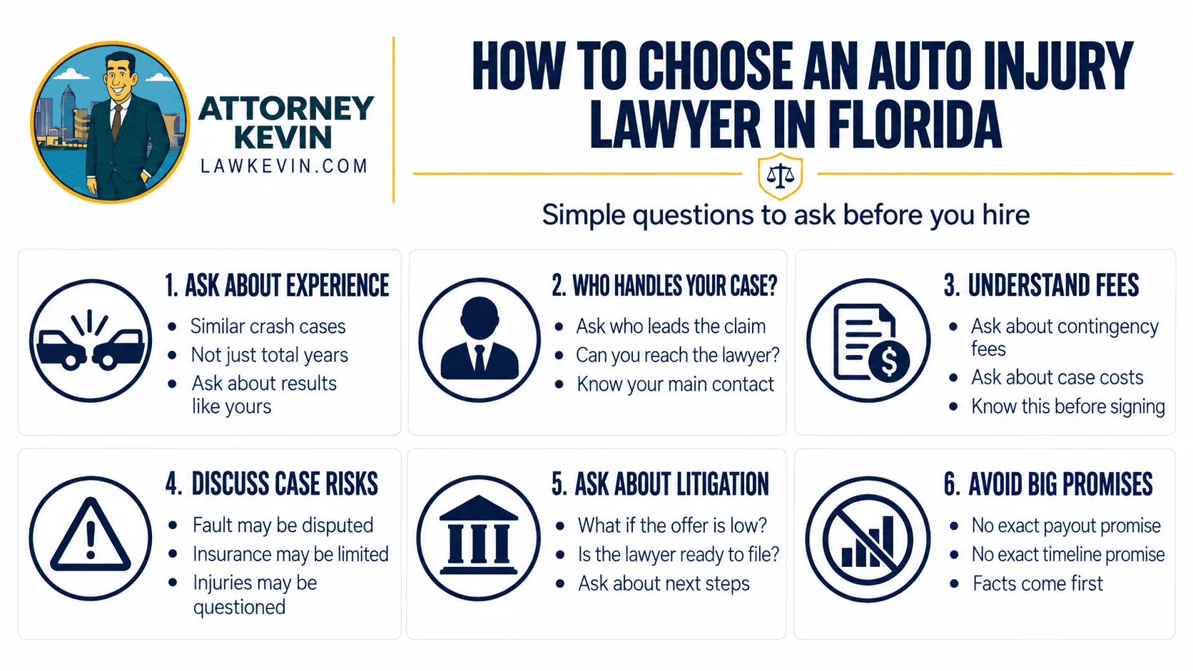 Auto injury lawyer infographic explaining how to choose a Florida attorney by reviewing experience, case handling, fees, risks, litigation, and promises.