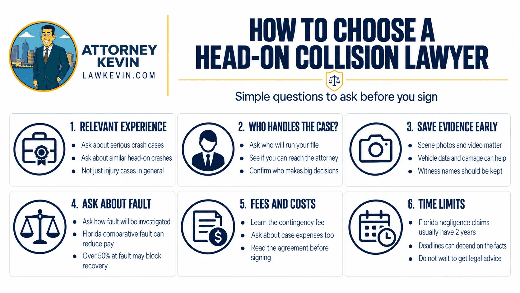 Infographic explaining how to choose a head-on collision lawyer, including experience, case handling, evidence, fault, fees, and time limits.