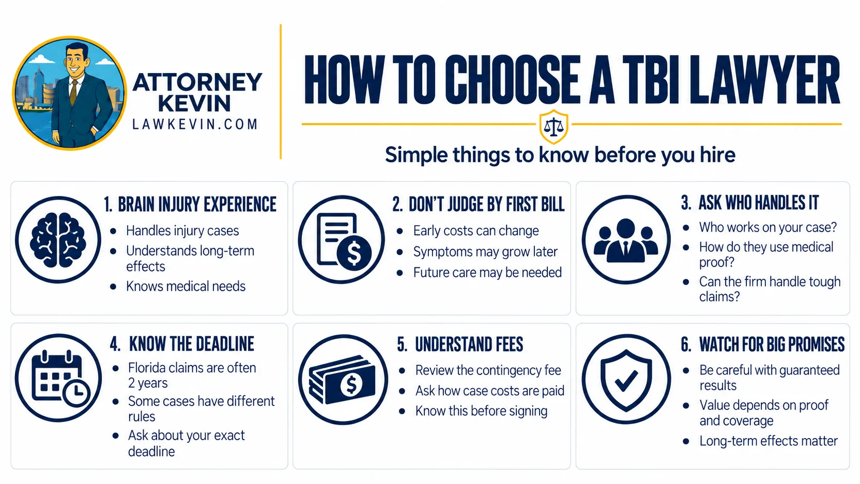 Infographic by Attorney Kevin explaining how to choose a traumatic brain injury (TBI) lawyer, including experience, medical evidence, legal deadlines, fees, and realistic expectations.