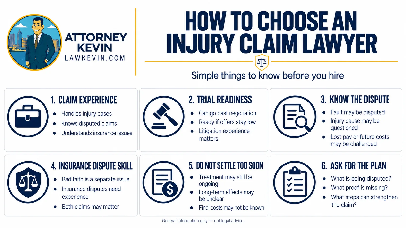 Infographic explaining how to choose an injury claim lawyer based on claim experience, trial readiness, insurance dispute skills, settlement timing, and case strategy.